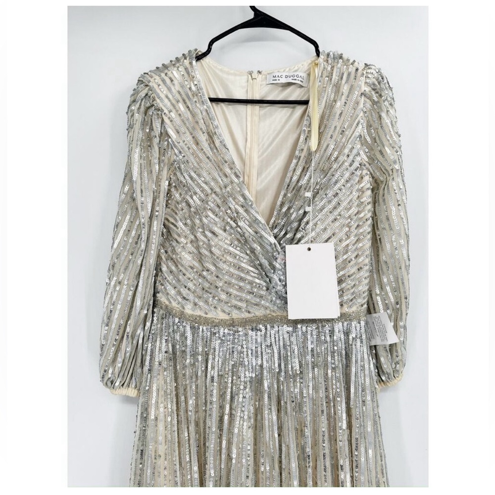 Mac Duggal 5509 Silver Nude Sequined Wrap Over 3/4 Sleeve Gown Size 10 New - Picture 2 of 6